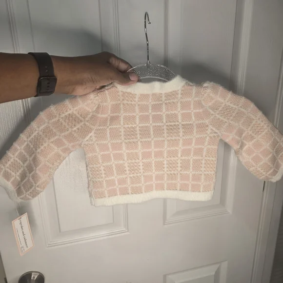 Toddler/Girls (12 Months) Pink and Cream w/Gold Threading Plaid KnitCardigan